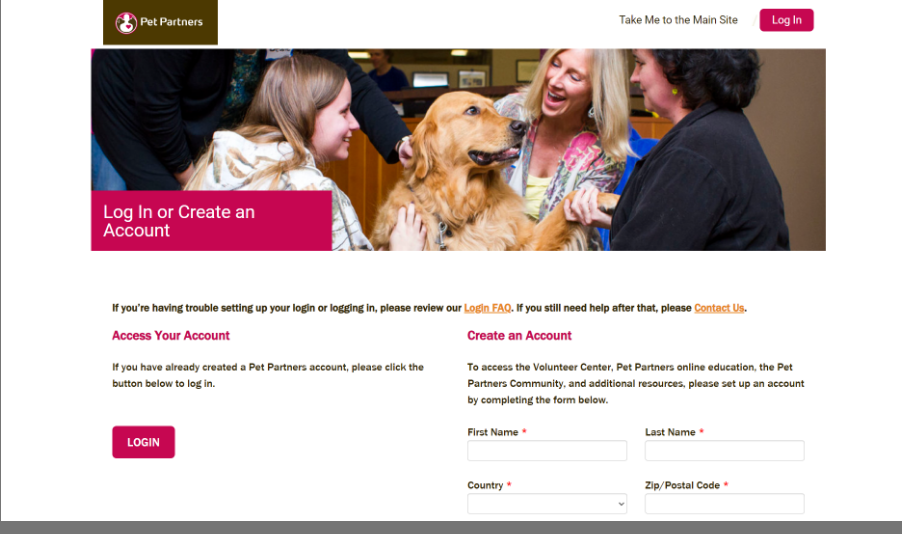 Screen shot of Pet Partners website page to create a free volunteer account.