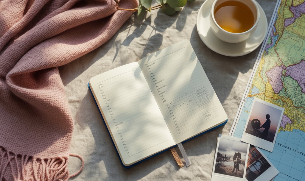 a book with a cup of tea and a map of the world