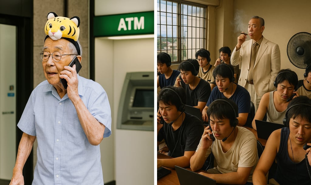 高齢者が電話をしながらATMの前に立つ場面と、詐欺グループが室内で電話をかけている場面のイメージ画像|堺市のニュースならサカイタイムズ