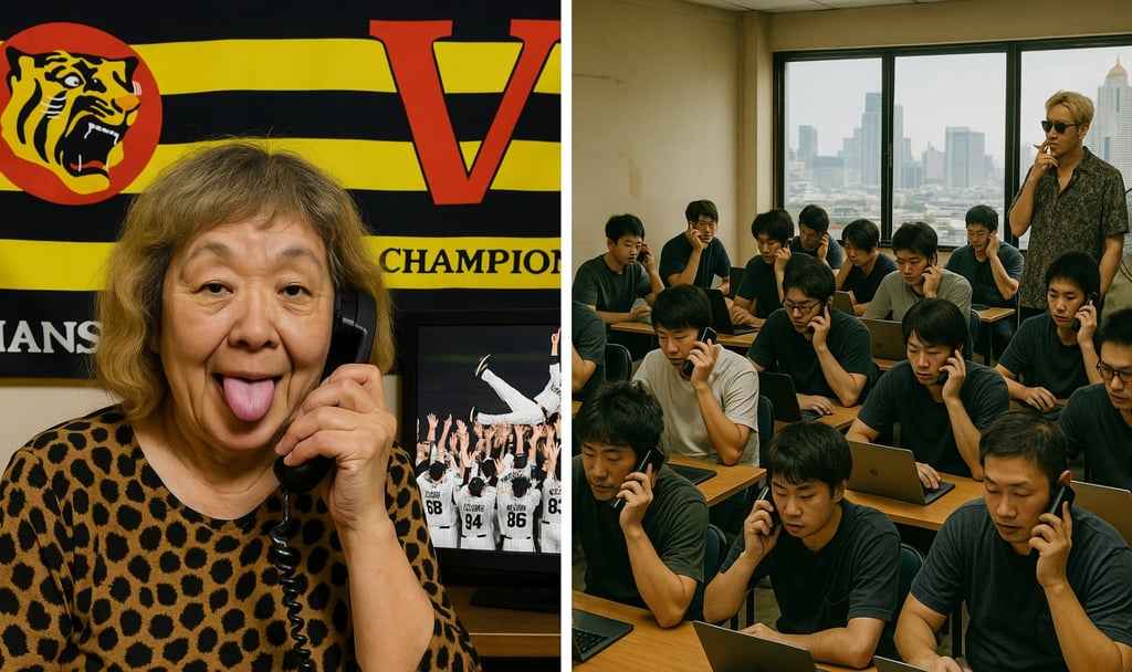 特殊詐欺の電話を受ける高齢者と、大人数で詐欺電話をかけるグループのイメージ画像｜堺市のニュースならサカイタイムズ