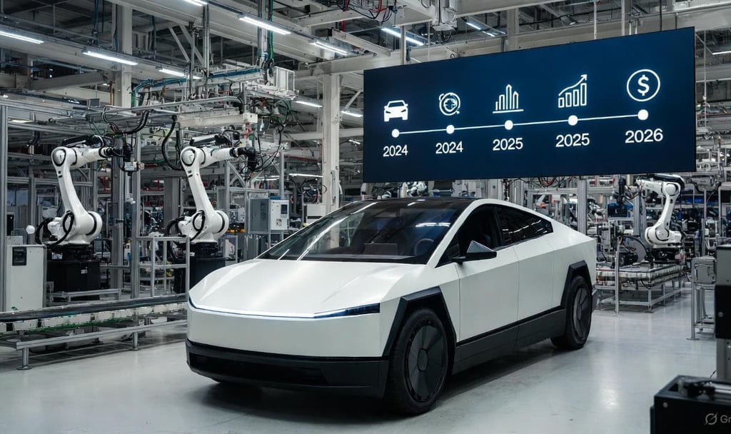 Tesla Cybercab on production line at Giga Texas with robotic arms and 2026 timeline