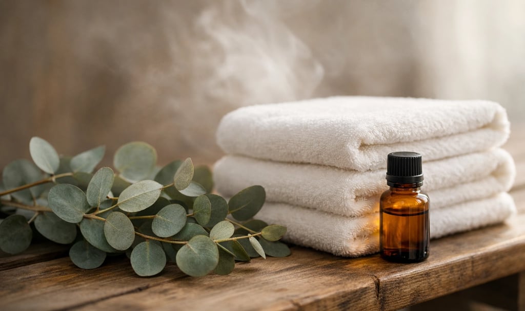 Aromatherapy in sauna with eucalyptus leaves, essential oil bottle, and steaming white spa towels.