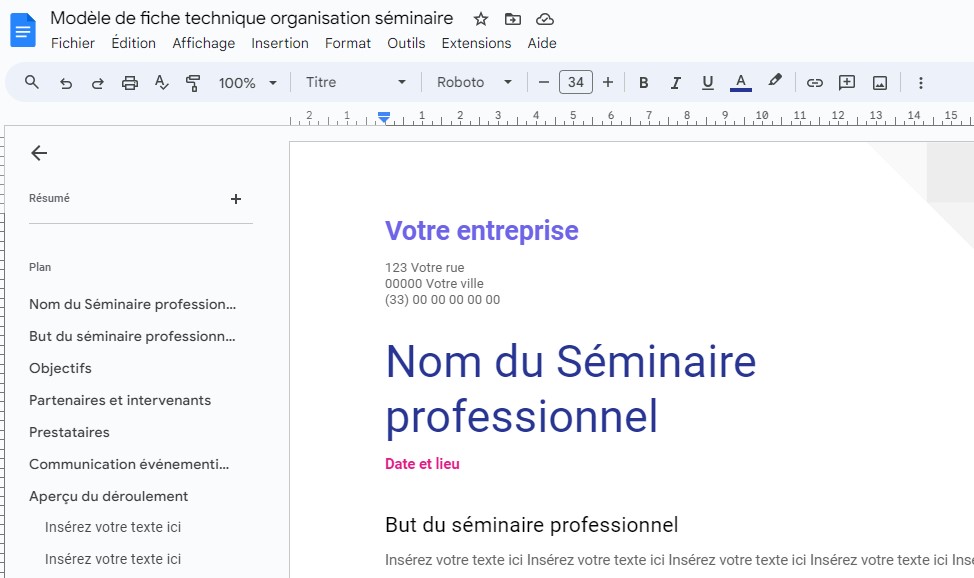 Fiche technique organisation séminaire professionnel