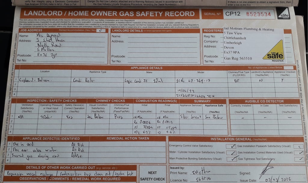 Gas safe safety certificate and paperwork EX18