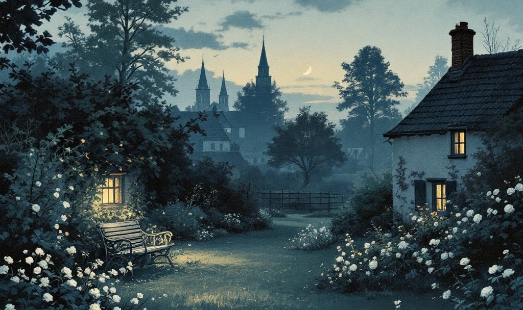 Stiller Abendgarten mit weißen Rosen, Gartenbank und erleuchtetem Fenster im Dämmerlicht
