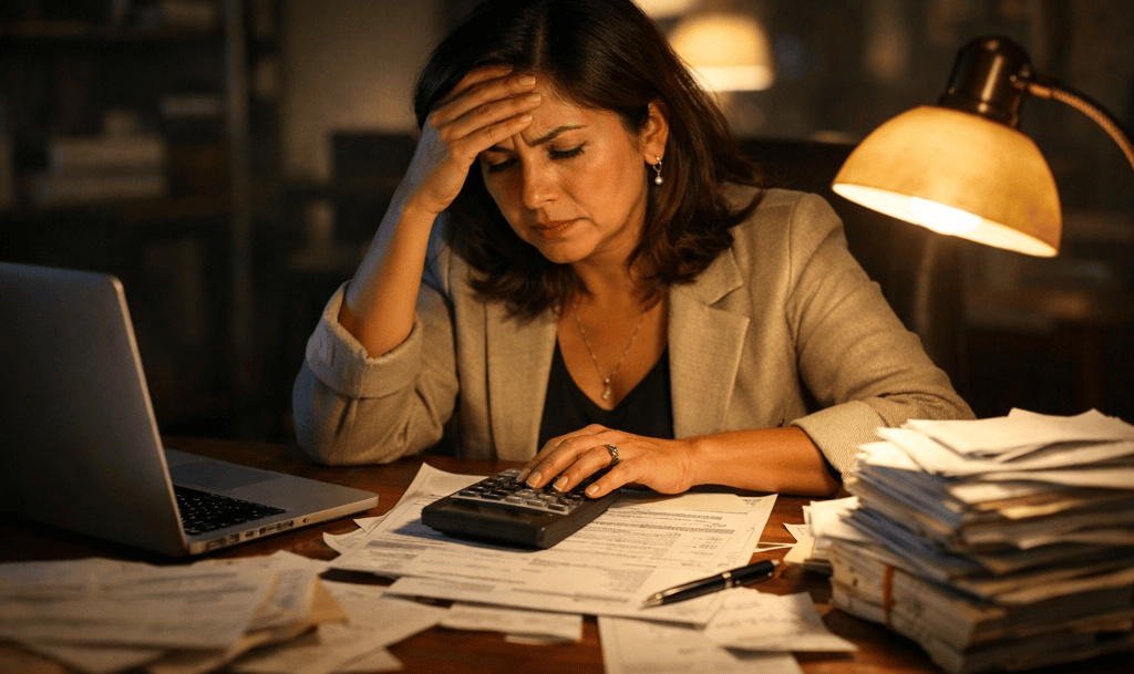 A woman in her office pressing on calculator and her right hand resting her forehead, worried