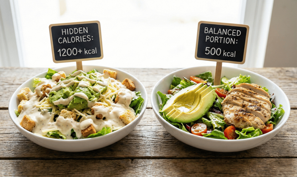 Comparison of healthy food portion sizes to prevent overeating nutritious foods.