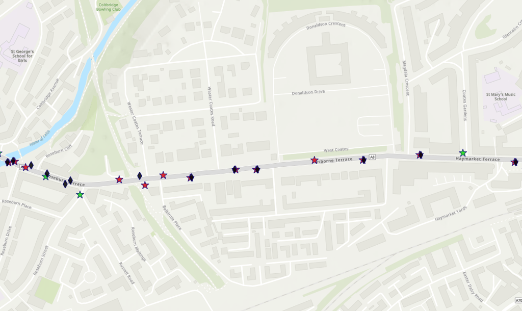 Litter bin locations between Haymarket Terrace and Roseburn Terrace (c) City of Edinburgh Council