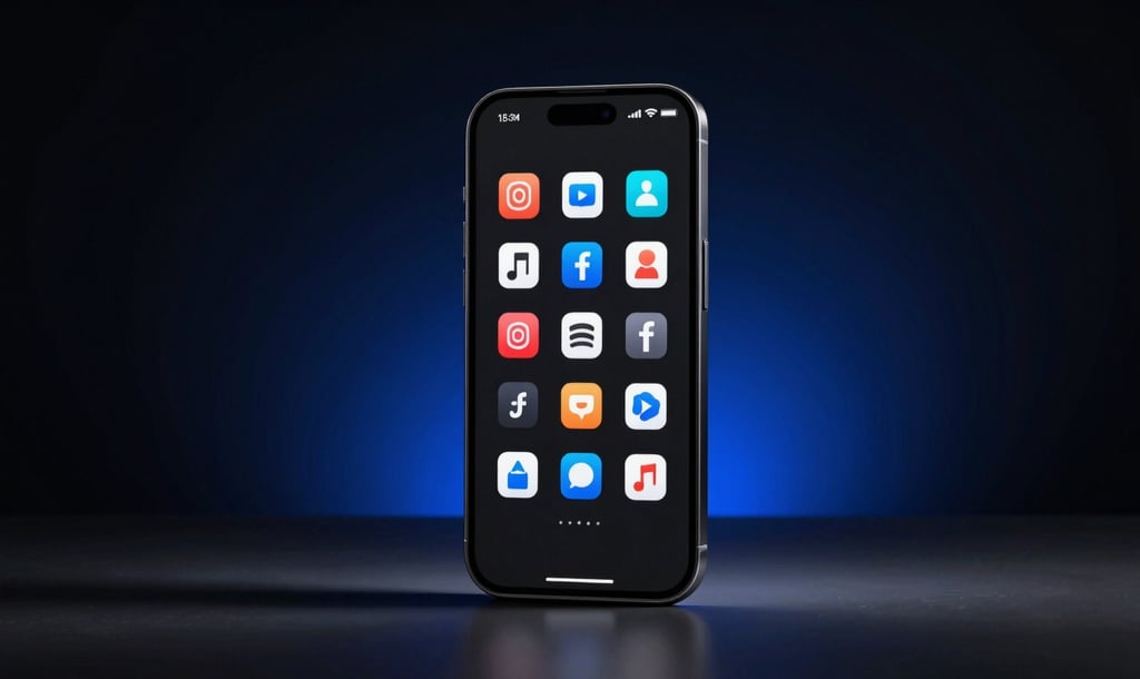 Smartphone displaying a vertical video, surrounded by social media icons, sleek corporate photography, dramatic high-contrast studio lighting, deep shadows with electric blue accents, sharp focus, 35mm