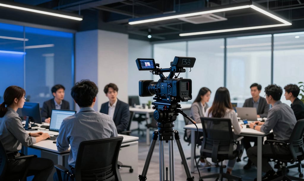 Behind-the-scenes shot of a corporate video shoot, camera focused on a diverse team collaborating in a modern office, sleek corporate photography, dramatic high-contrast studio lighting, deep shadows with electric blue accents, sharp focus, 35mm