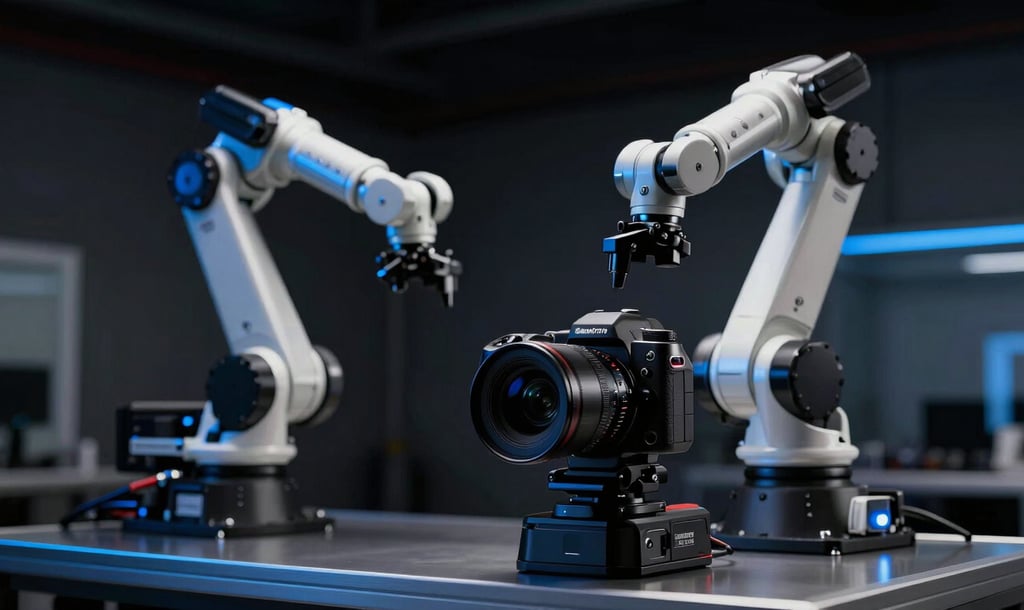 Professional camera setup in an industrial factory setting, robotic arm in background, blue light accents, sleek corporate photography, dramatic high-contrast studio lighting, deep shadows with electric blue accents, sharp focus, 35mm
