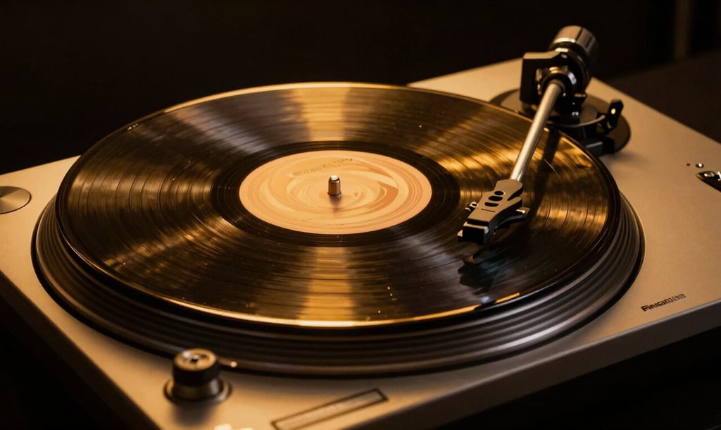 A clean studio flat-lay of a vinyl record spinning on a high-end turntable, warm gold light reflecting off the grooves against a deep black background, sharp focus