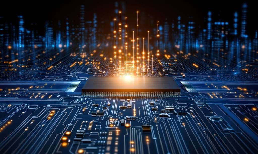 Image of high tech computer chip and board giving off a golden particle stream from the processor.