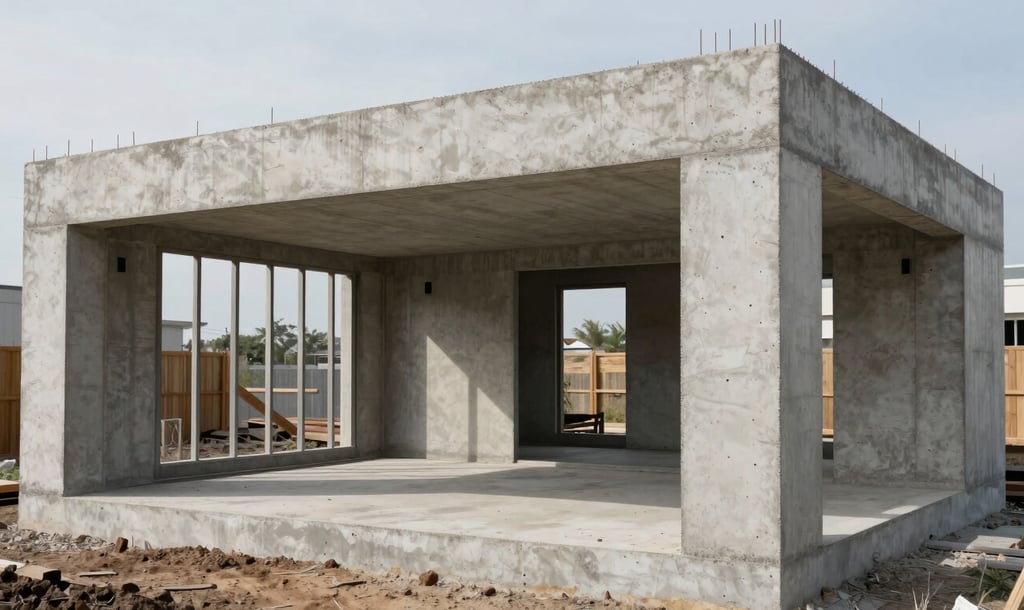 Wide shot of poured-in-place concrete framing for a modern residential build, clean geometric lines