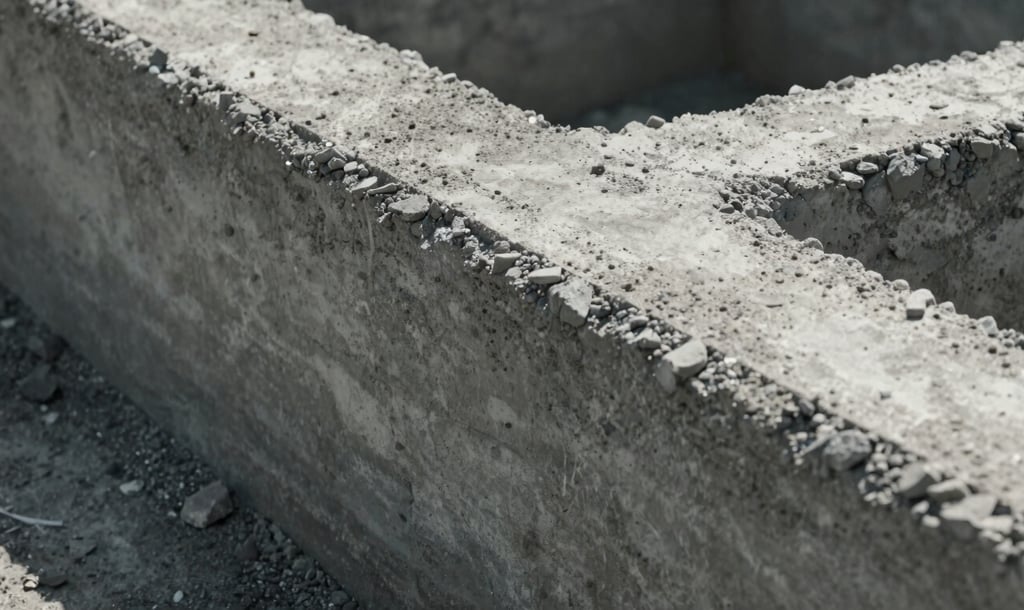 Close up of a heavy-duty concrete foundation curing, high contrast lighting revealing raw aggregate texture