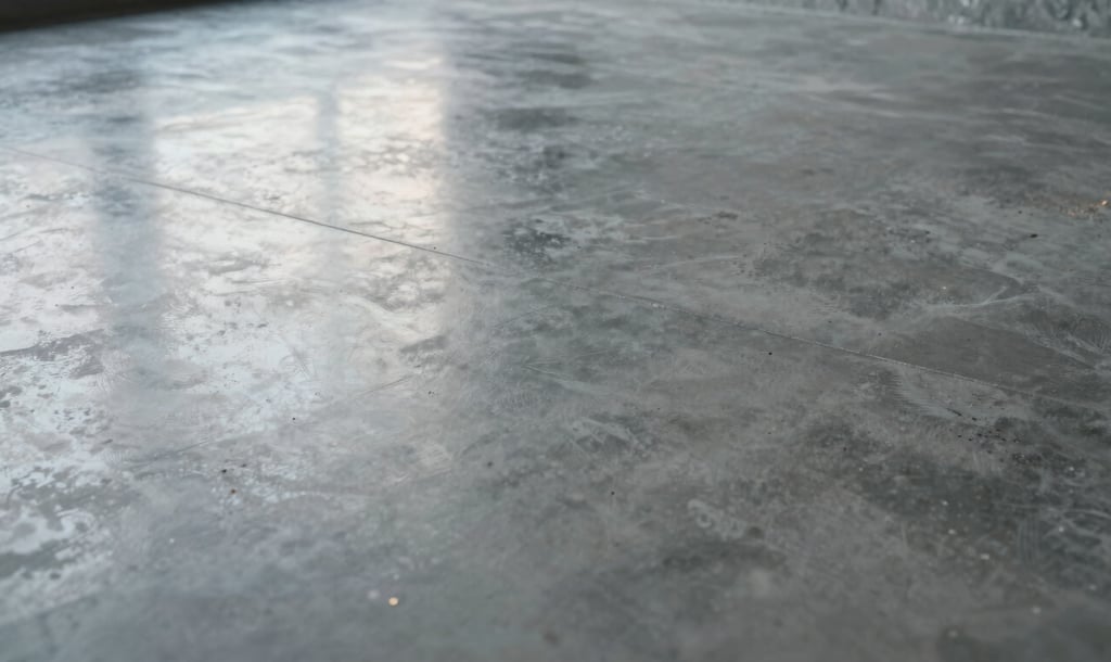 Close up of a polished architectural concrete floor, smooth surface reflecting cold early-morning site light