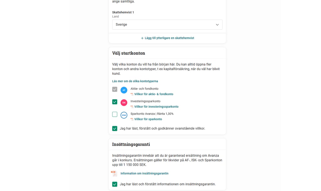 Avanza vÀlj vilket konto som ska skapas