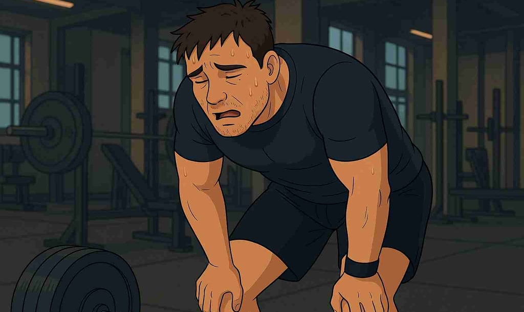 Övertränad man står på huk med händerna på knäna