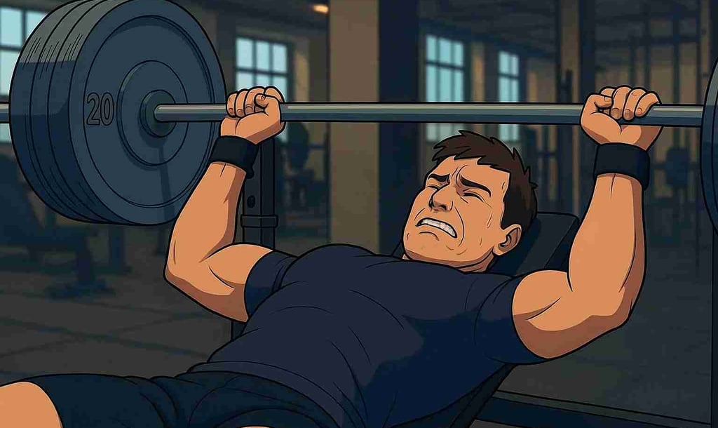 ĂveranstrĂ€ngd man som försöker göra bĂ€nkpress, svart tshirt med svarta shorts