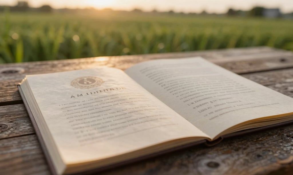 Tactile close-up of physical land title deeds and legal documents resting on a rustic wooden table, with a soft-focus background of lush green fields under golden evening light.