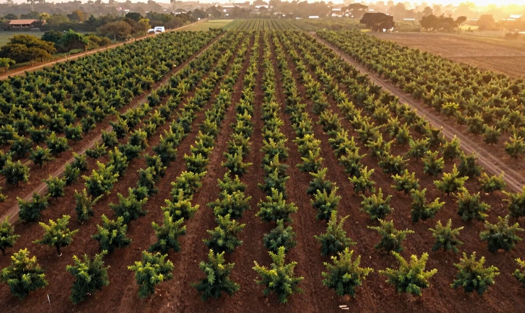 Sweeping aerial orthophoto of premium managed farmland in Bangalore. Neatly aligned organic orchard plots, rich soil texture visible, illuminated by warm golden sunset light.