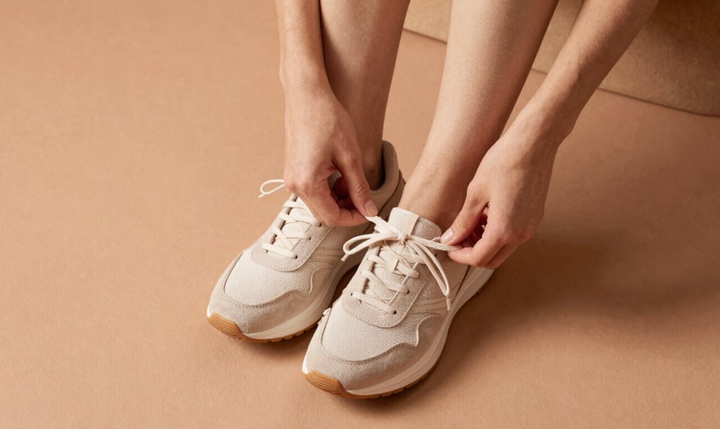 Overhead shot of a person tying comfortable sneakers, soft natural lighting, warm terracotta tones