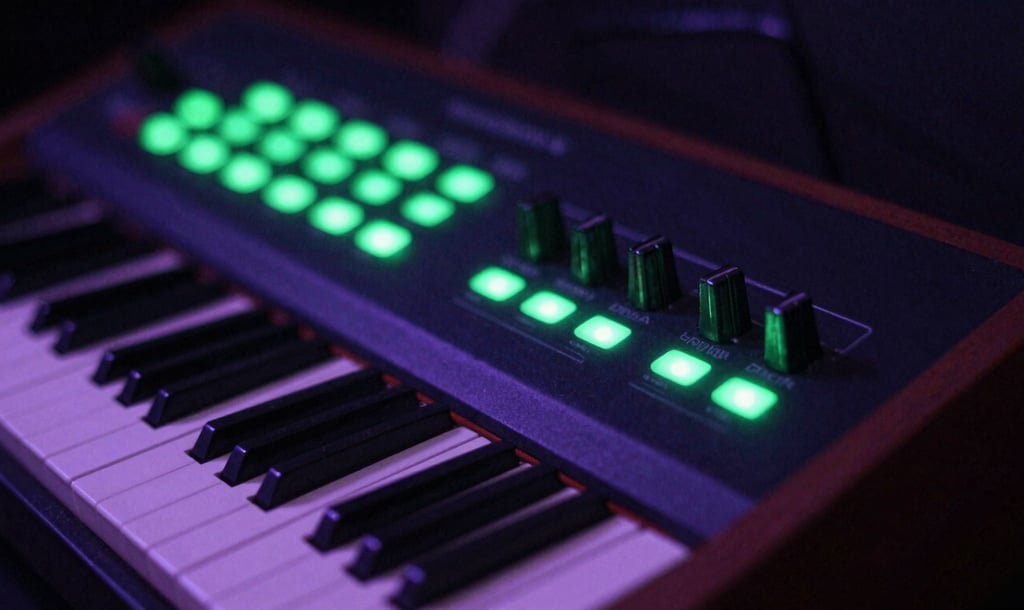 Close-up of a vintage analog synthesizer with glowing green LEDs in a dark studio room, high contrast, gritty