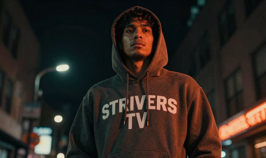 Gritty urban street scene at night, a fan wearing a STRIVERS TV hoodie, dramatic neon backlighting, low-angle heroic shot.