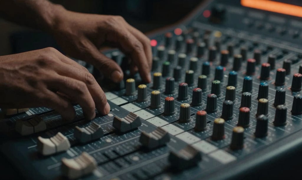 Close-up of Umar Bari's hands on an analog mixing console, faders and knobs in sharp focus, under moody, low-key studio light with a hint of neon orange glow.