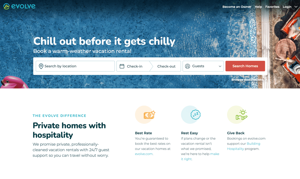 Evolve Home Screen of their website for vacation rental hosts