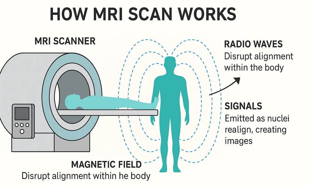 Illustration showing how an MRI scan works with labeled components and magnetic field effects.