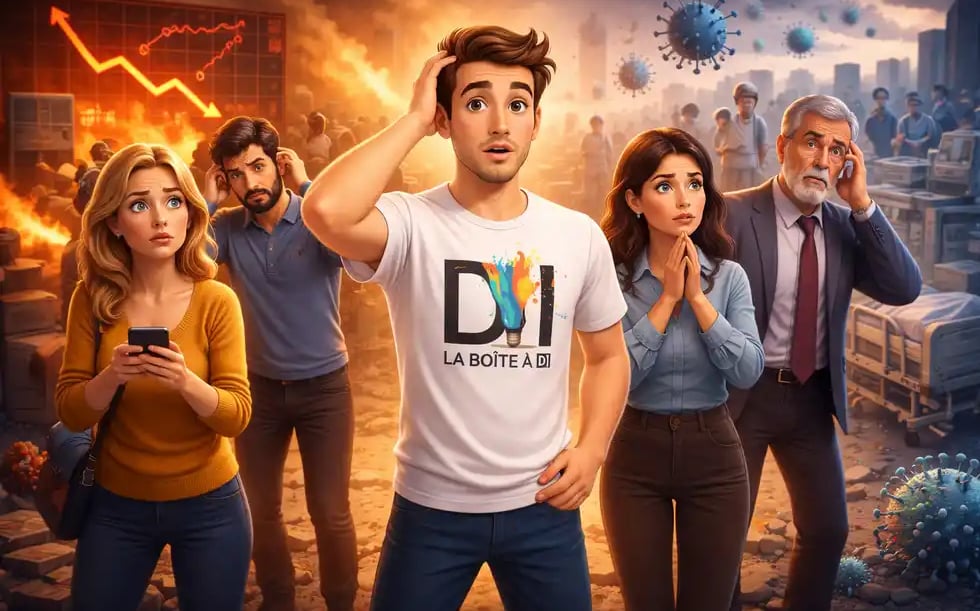 Illustration 3D montrant Dam inquiet face à l’impact des crises économiques et sanitaires