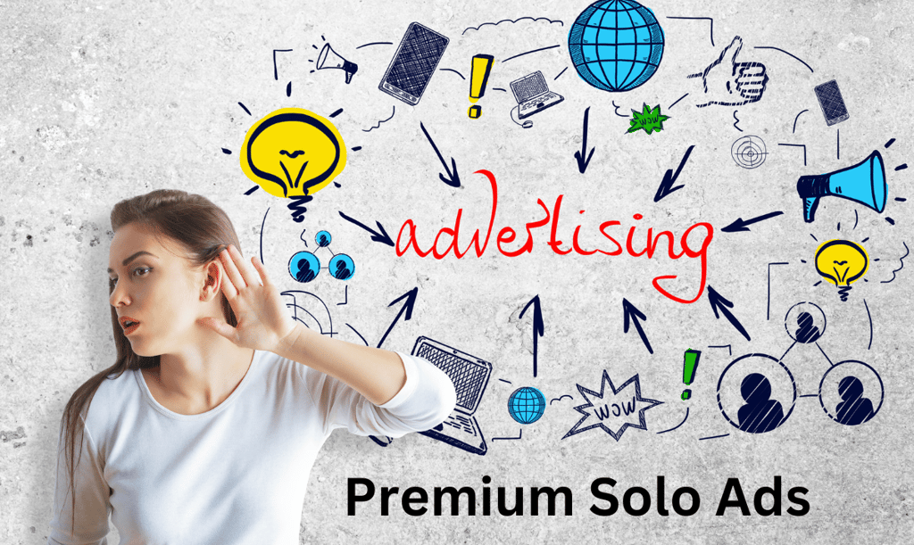 a woman holding her hand up to her ear and looking at a wall with a text Premium solo ad
