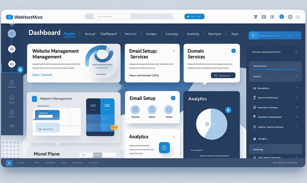 a dashboard with the following deisplay website management, email settup services, domain services,