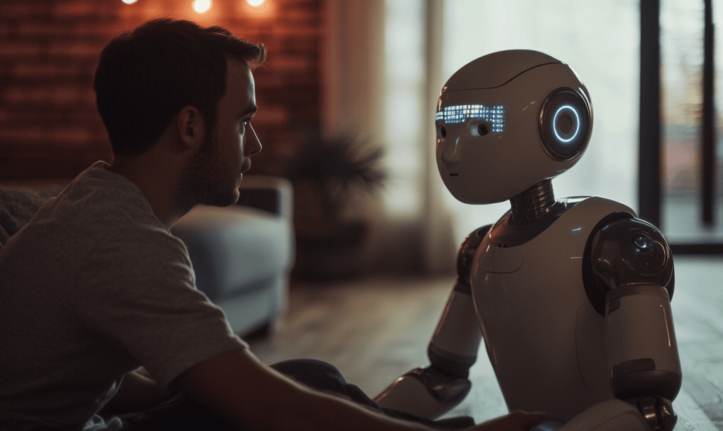 a man sitting on a couch with a robot