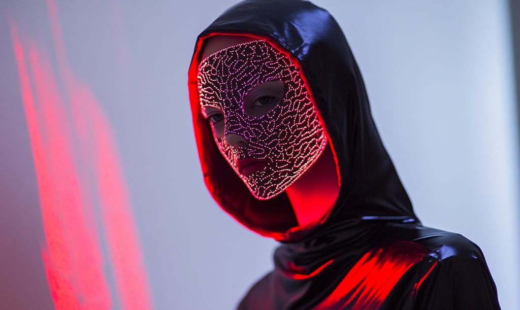 a person in a black hoodie with a red light