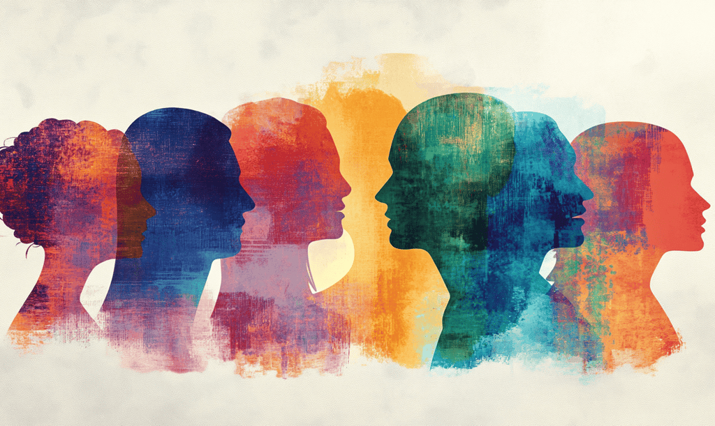 a group of people with different colored heads and faces
