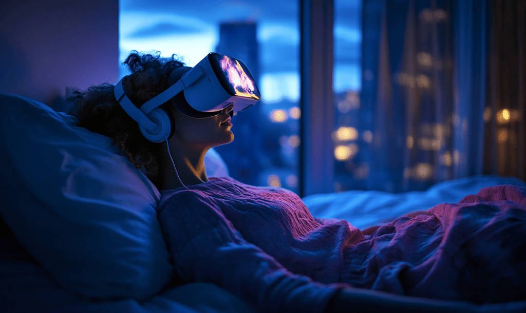 a woman in a bed with a pair of virtual glasses