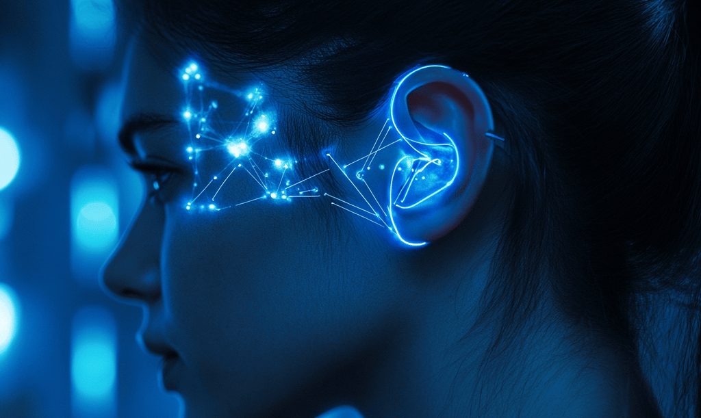 a woman with a blue earpieces and a blue light
