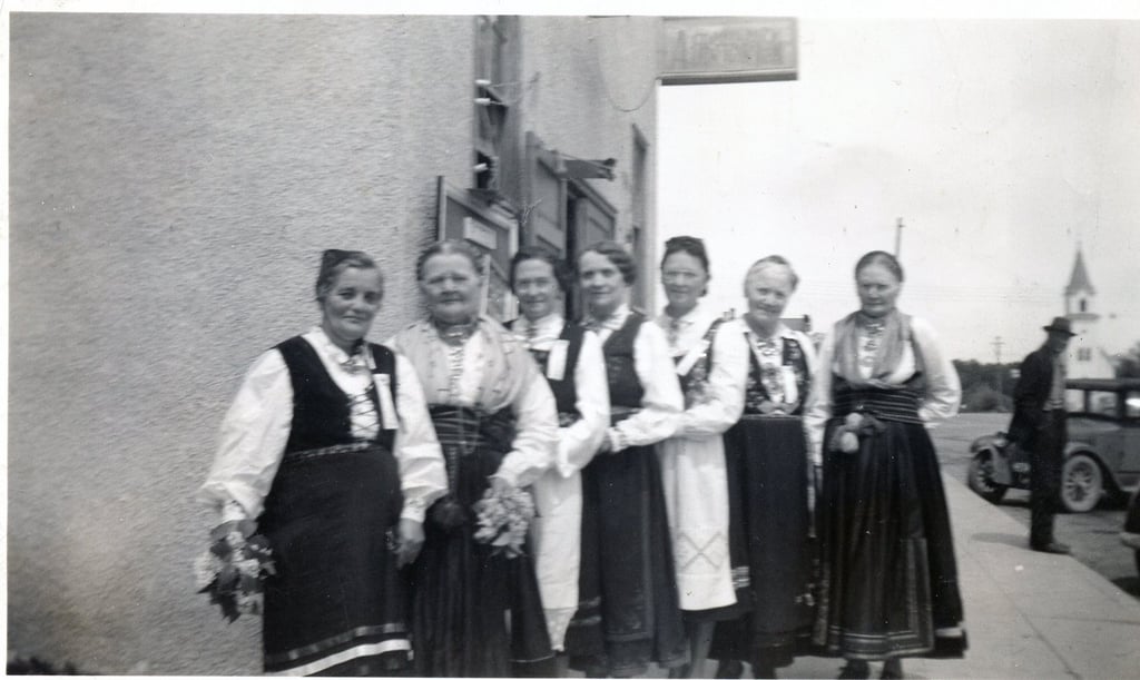 7 women posing in telemark bunad, black and white
