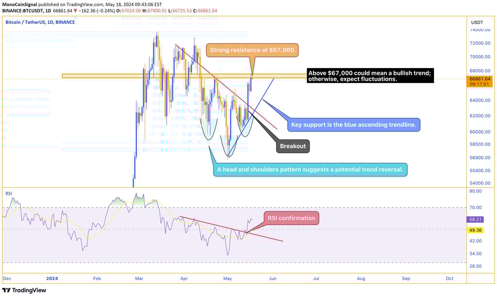 Bitcoin price chart showing a breakout from the descending trendline with a head and shoulders patte