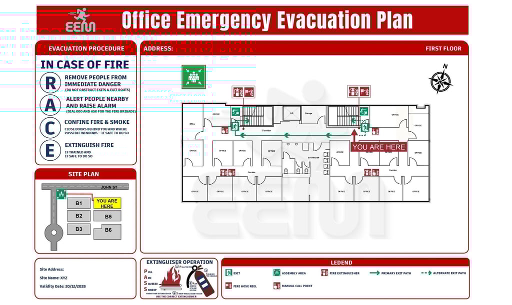 Office emergency evacuation plan template showing escape routes, fire extinguisher locations, safety