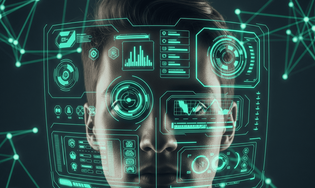 Futuristic brain interface: a human head with a dashboard UI overlay, illustrating a high-tech connection to the mind