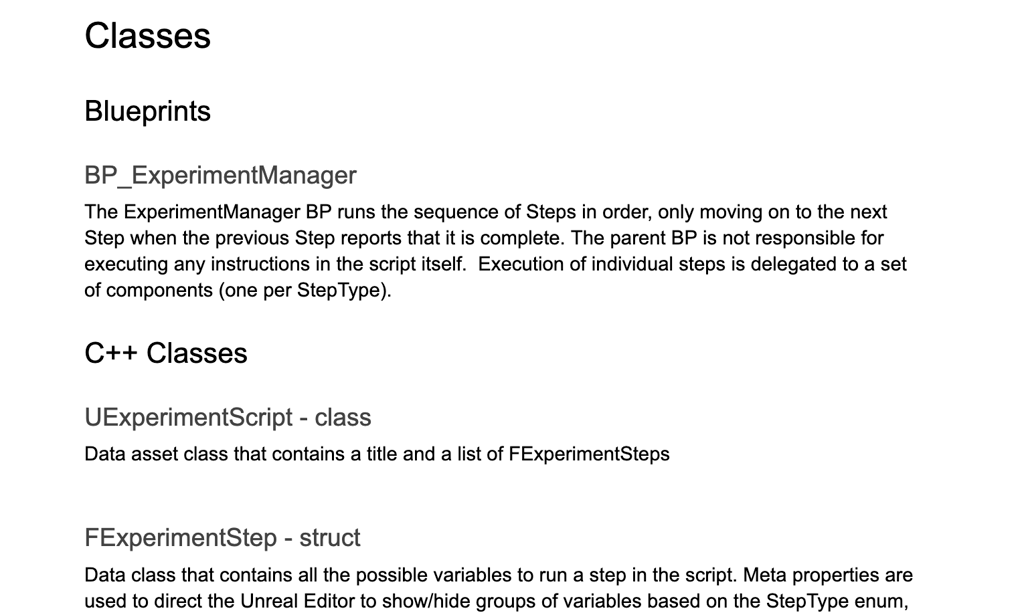 Experiment Architecture diagram showing Unreal Engine Blueprint and C++ class structure for managing scripts and steps.