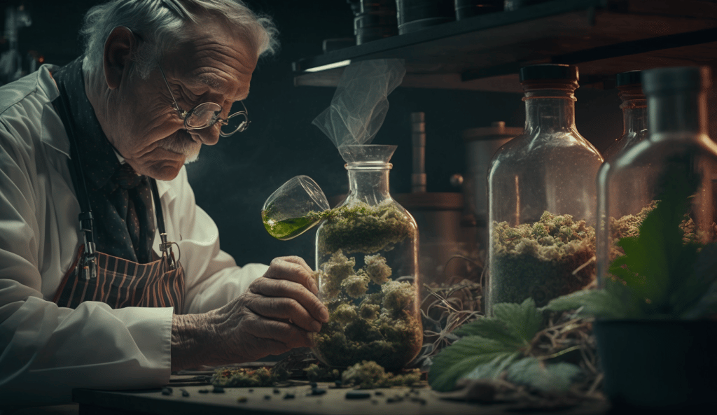 a man in a lab coat is holding a glass jar with a green liquid