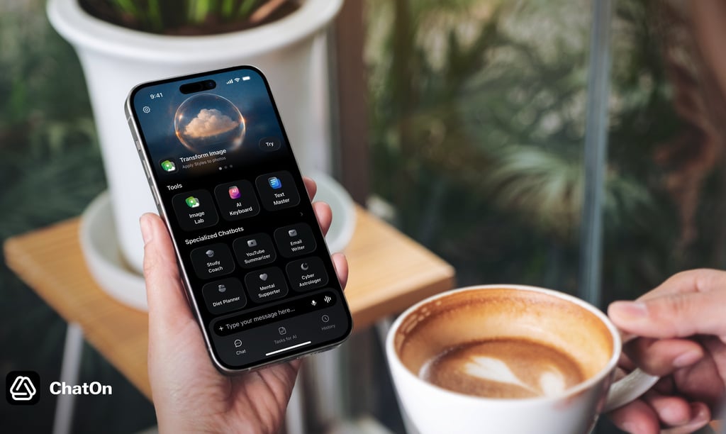 A person holding a smartphone showing the ChatOn AI app interface next to a cup of coffee.