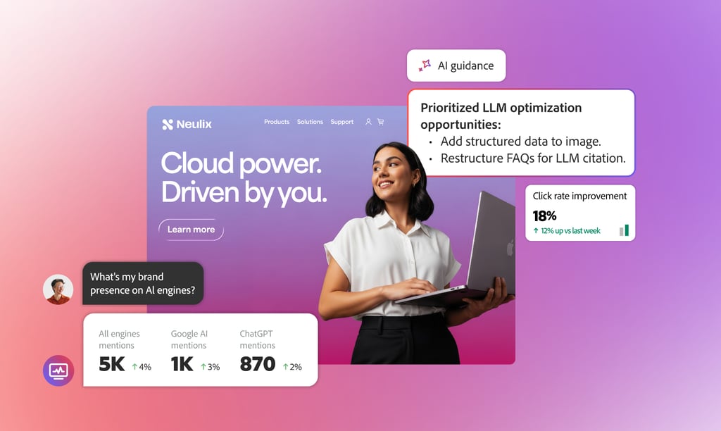 Neulix platform dashboard showing AI guidance and LLM optimization metrics for cloud brand presence.