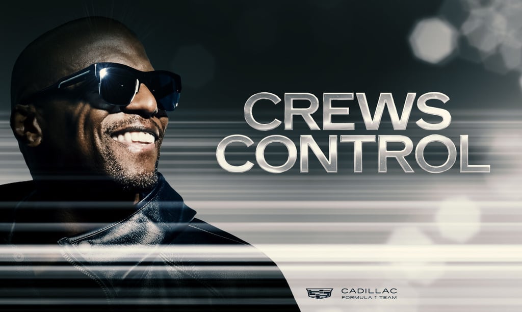 Terry Crews smiling in sunglasses for the Cadillac Formula 1 Team advertisement titled Crews Control.