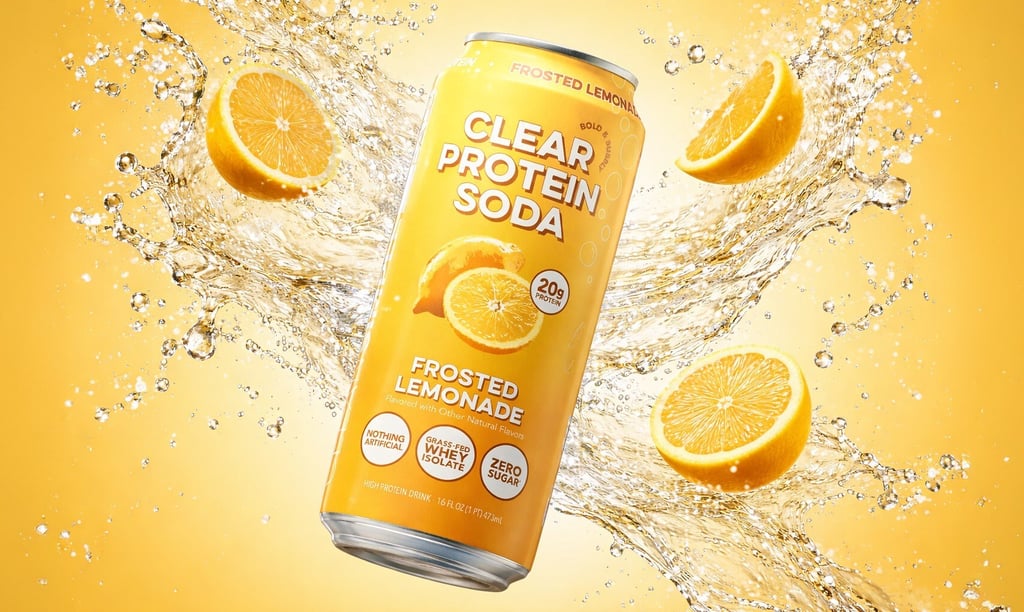 Frosted Lemonade Clear Protein Soda can with fresh lemon slices and splashing liquid on yellow background.