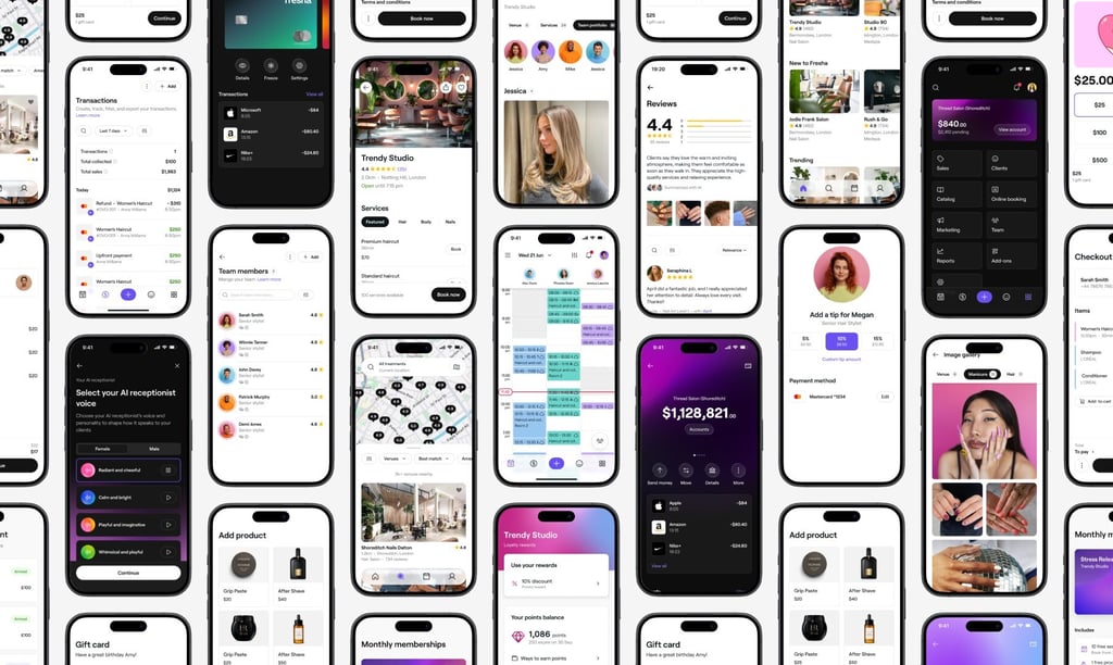 Multiple smartphone screens displaying various UI UX design layouts for a salon booking and management mobile app.